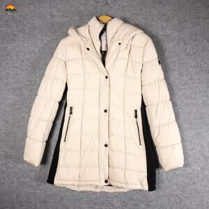 Calvin Klein Puffer Jacket White Black Long Sleeve Hooded Full-Zip Women's XS